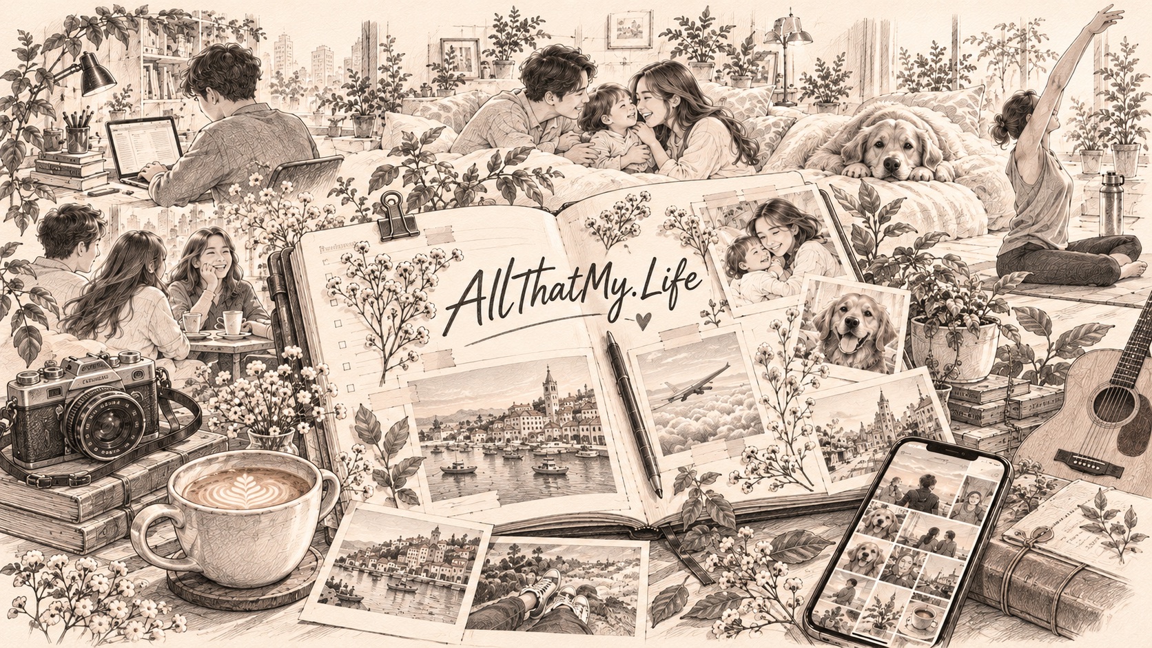 AllThatMy.Life — 노트북으로 일하는 사람, 아이를 안은 가족, 웃으며 차를 마시는 친구들, 강아지, 요가, 여행 사진과 비행기, 카메라와 커피, 사진이 가득한 폰이 한 권의 스크랩북 위에 모인 연필 그림